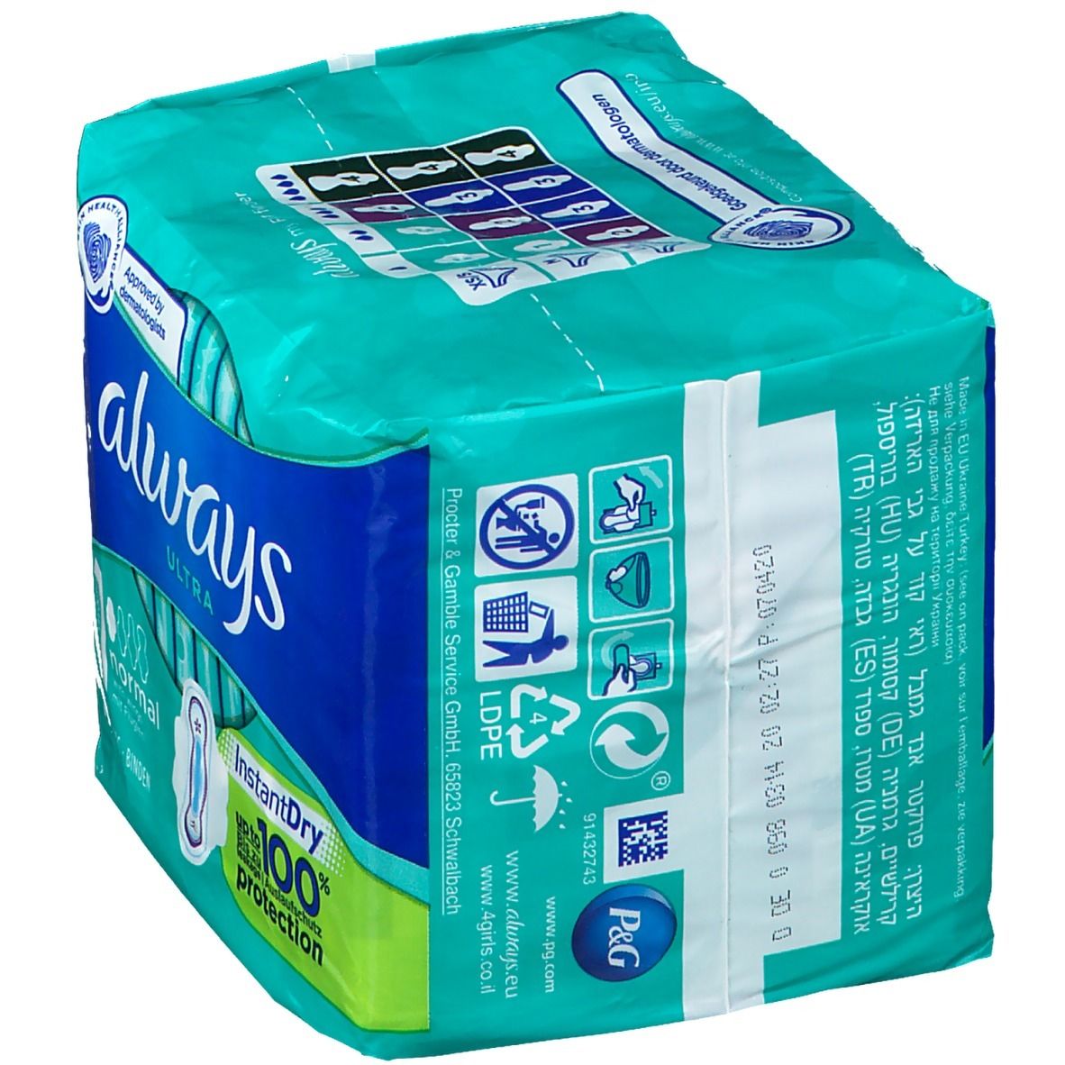 Emballage ALWAYS Ultra Normal (Taille 1). Dos avec texte, logos et code-barres. Technologie InstantDry. Testé dermatologiquement.