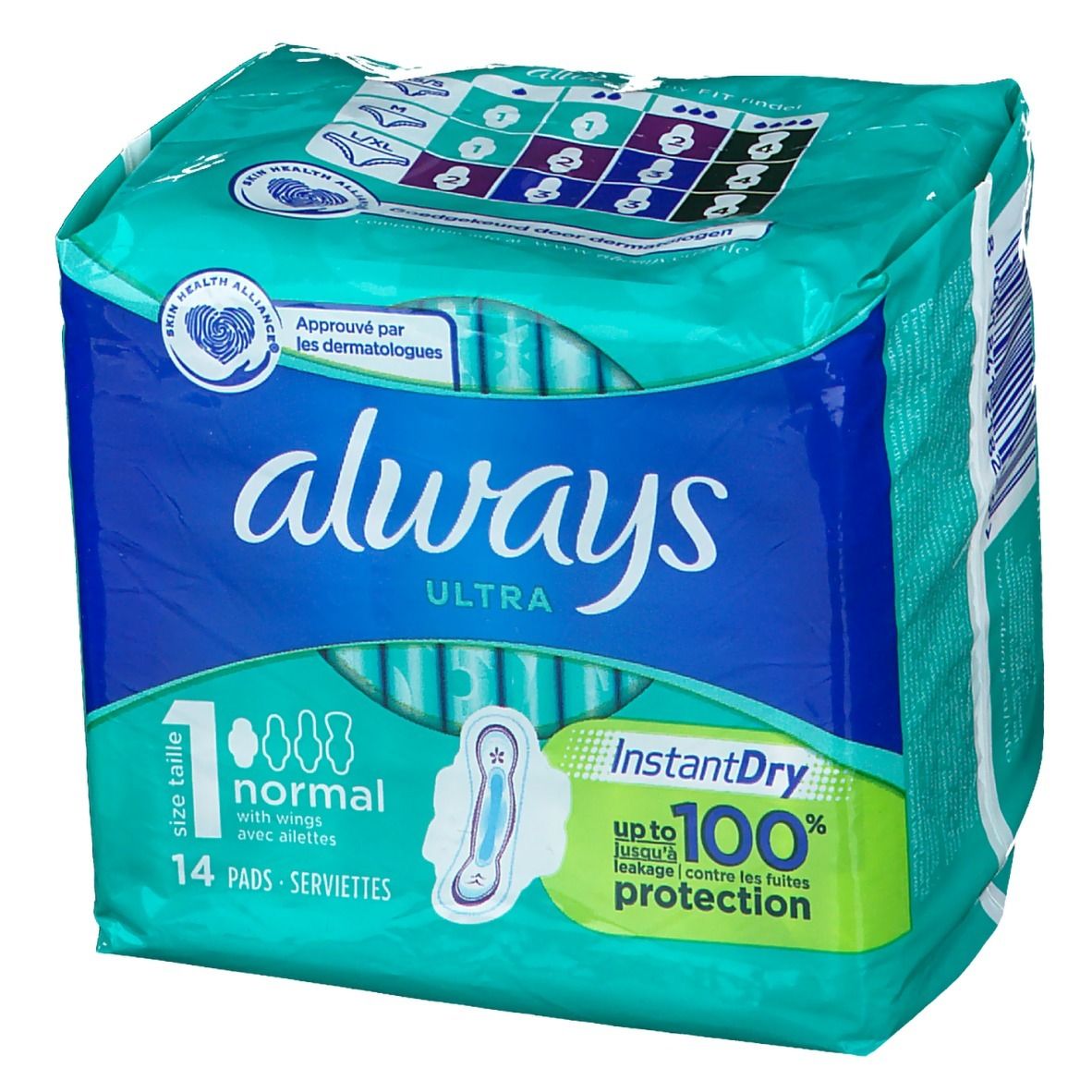 ALWAYS Ultra Normal (Taille 1) en emballage. 14 serviettes avec ailettes. Technologie InstantDry. Testé dermatologiquement.