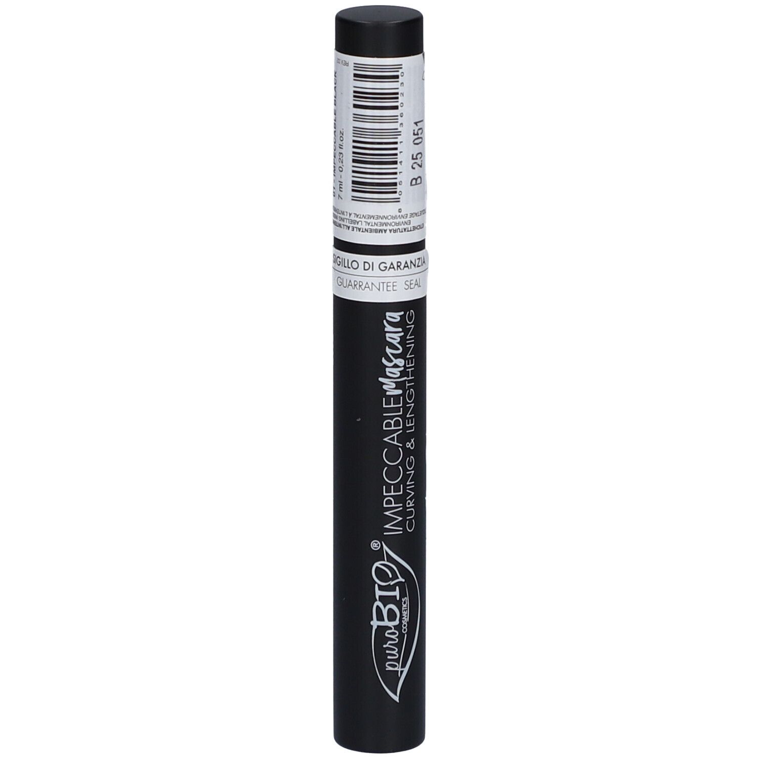 Tube de mascara noir avec étiquette. Inscription: INPECCABILE Mascara, Curving & Lengthening. Marque: puroBIO. Sceau.