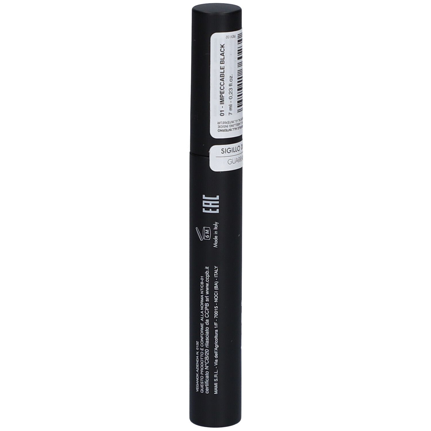 Tube de mascara noir avec étiquette. Inscription: INPECCABILE BLACK, 7 ml. Marque: puroBIO. Sceau.