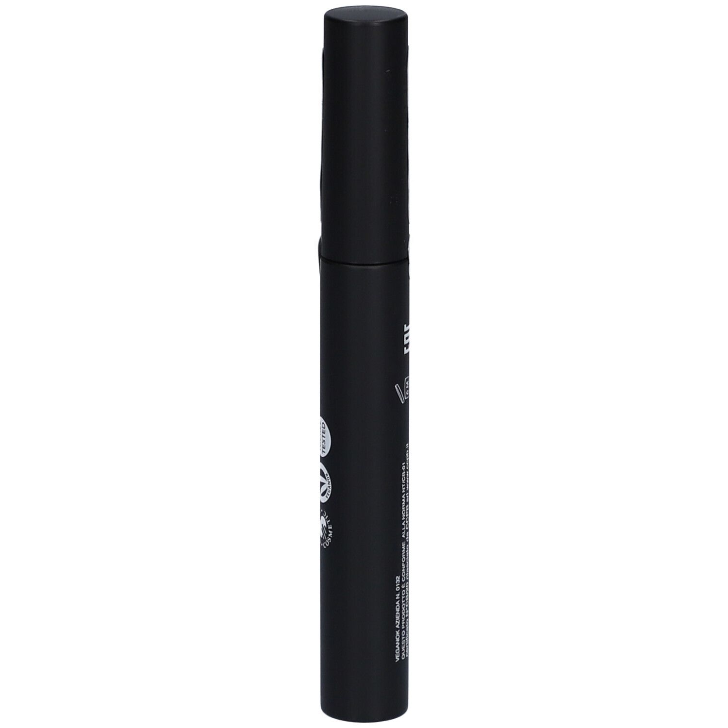 Tube de mascara noir. Inscription: INPECCABILE Mascara, Curving & Lengthening. Marque: puroBIO. Sceau.