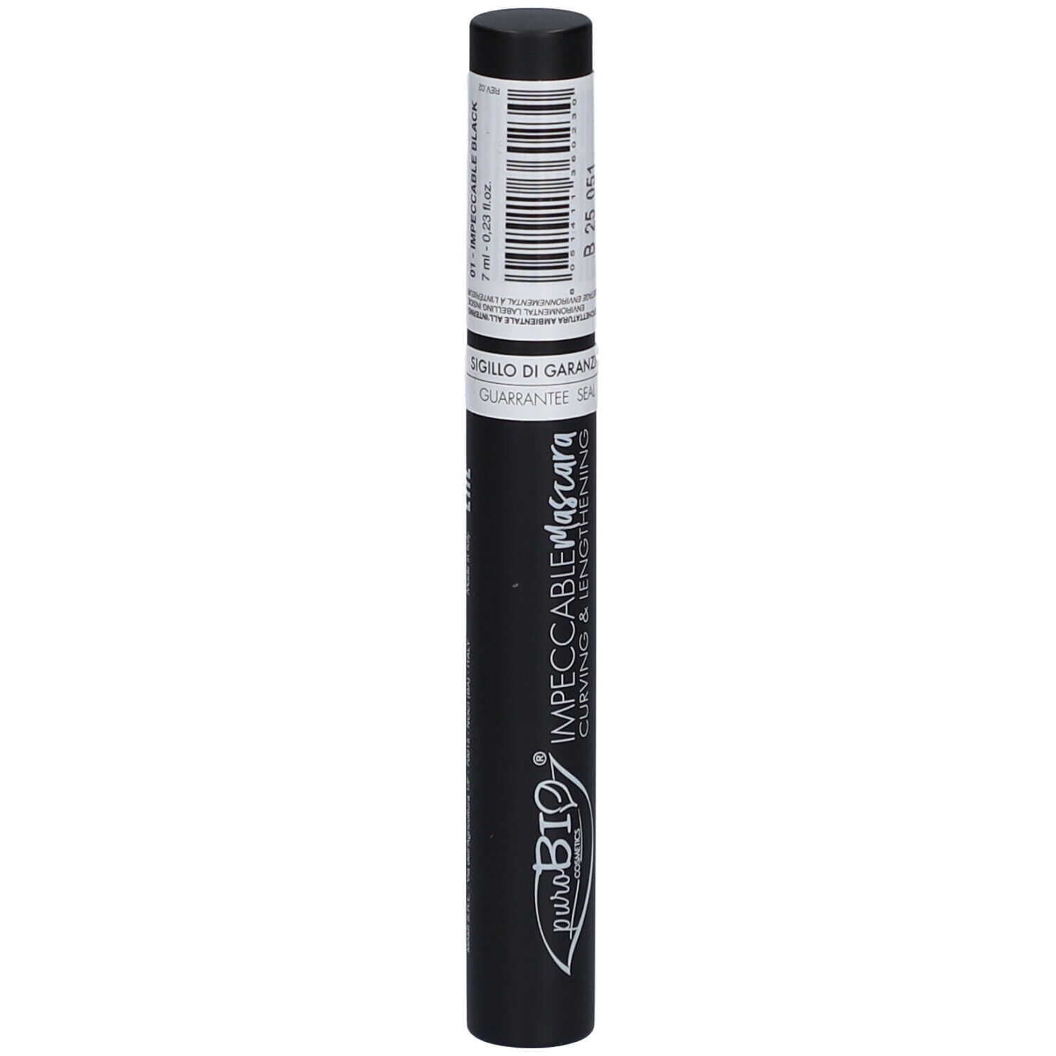 Tube de mascara noir avec étiquette. Inscription: INPECCABILE Mascara, Curving & Lengthening. Marque: puroBIO. Sceau.