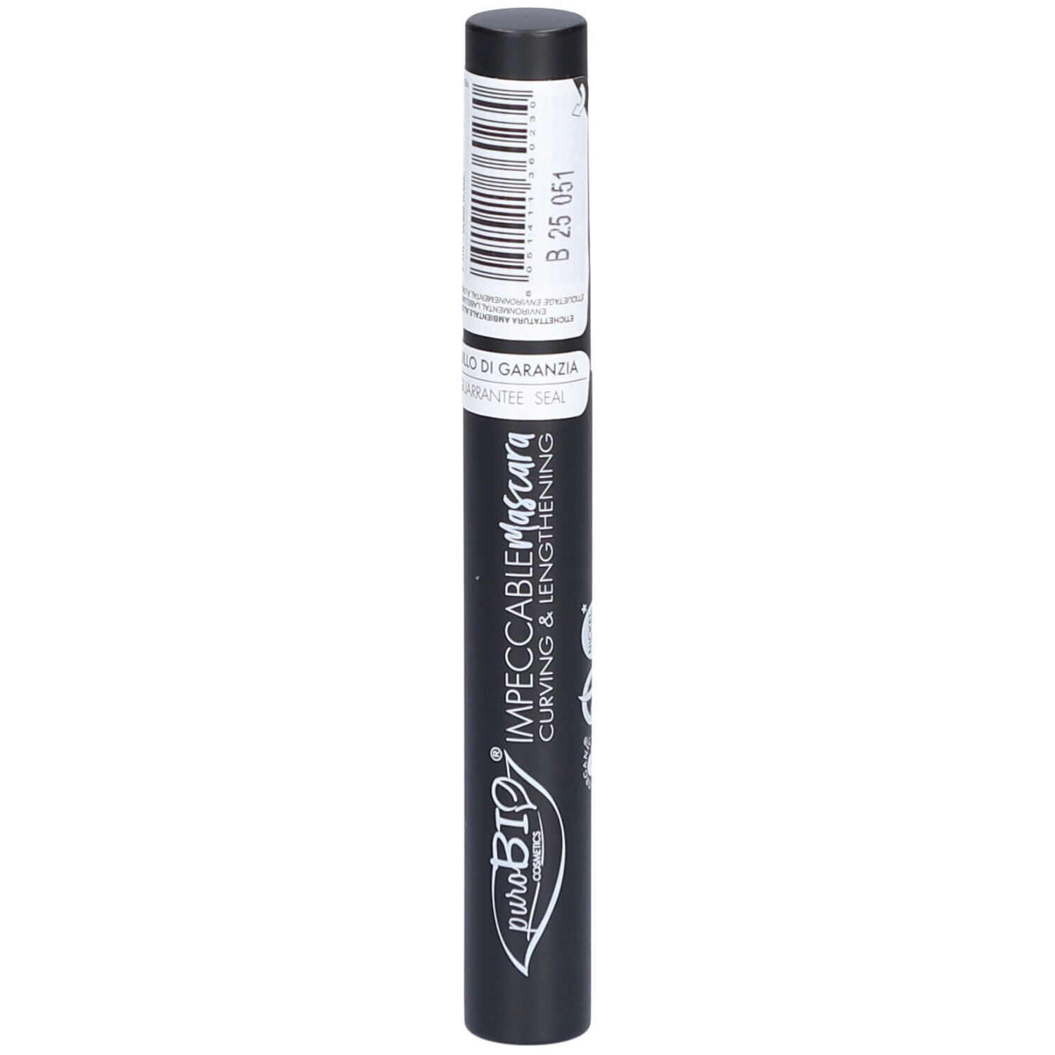 Tube de mascara noir avec étiquette. Inscription: INPECCABILE Mascara, Curving & Lengthening. Marque: puroBIO. Sceau.