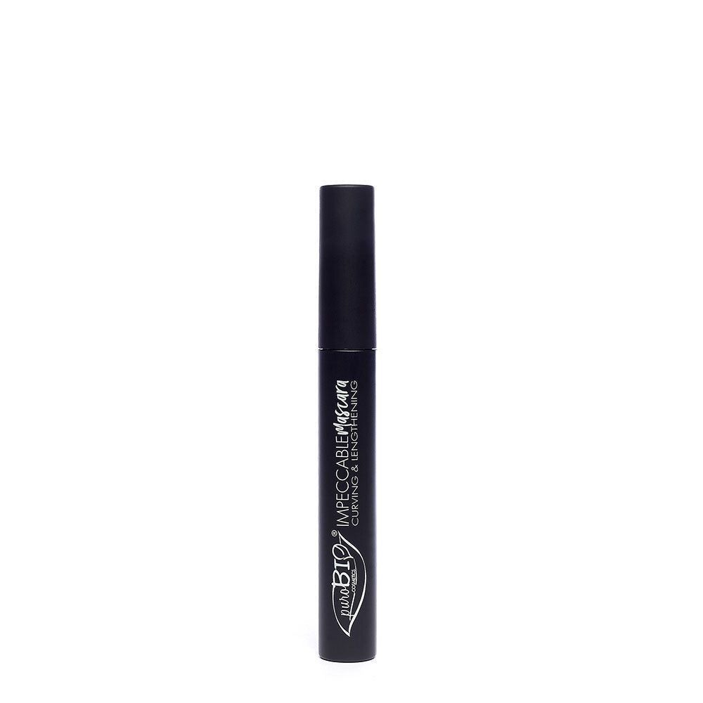 Tube de mascara noir fermé. Inscription: INPECCABILE Mascara, Curving & Lengthening. Marque: puroBIO.