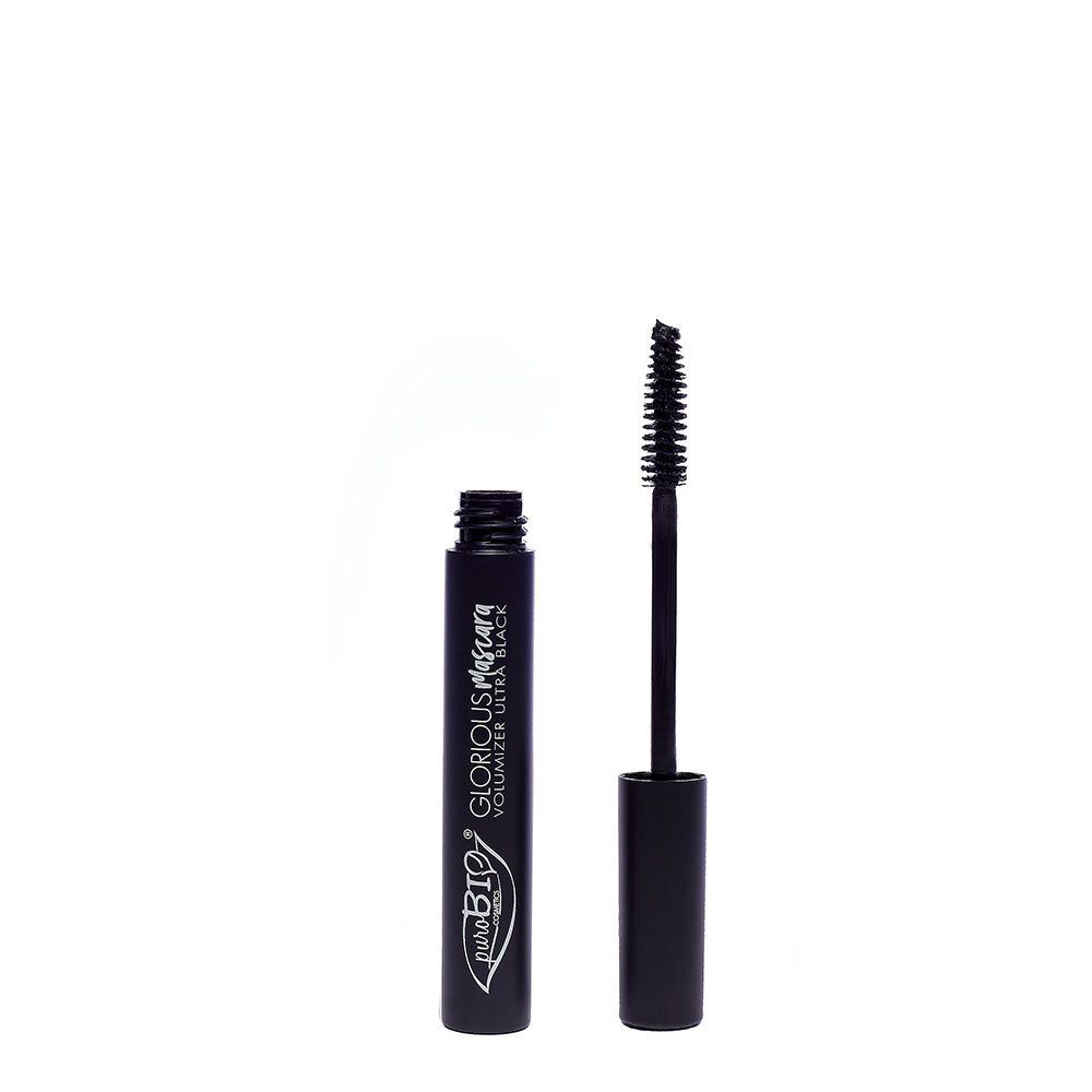 Tube de mascara noir avec brosse ouverte. Inscription: PUROBIO Mascara Glorious Extra Black.