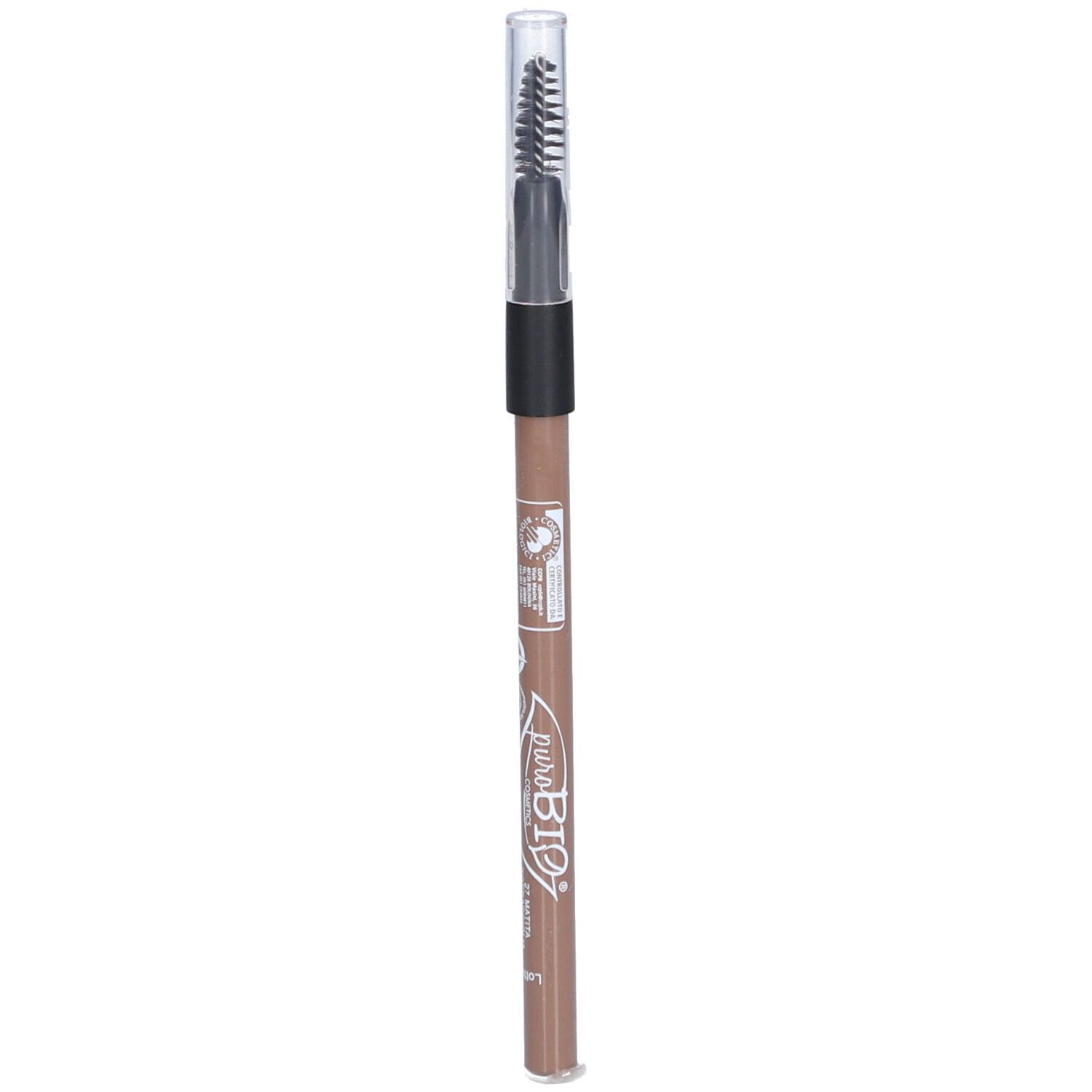 Crayon à sourcils avec brosse et capuchon. Inscription : puroBIO.