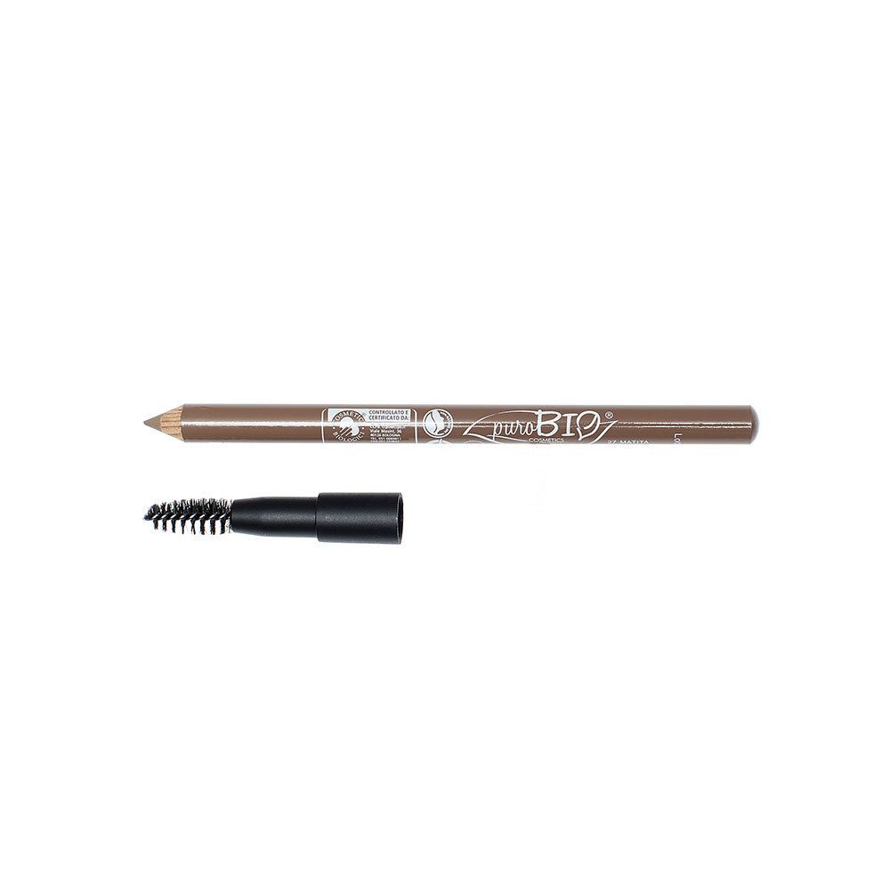 Crayon à sourcils et brosse séparée. Inscription : puroBIO.