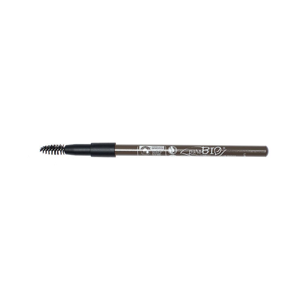 Crayon à sourcils avec brosse. Mine brun foncé, brosse noire. Inscription : puroBIO.