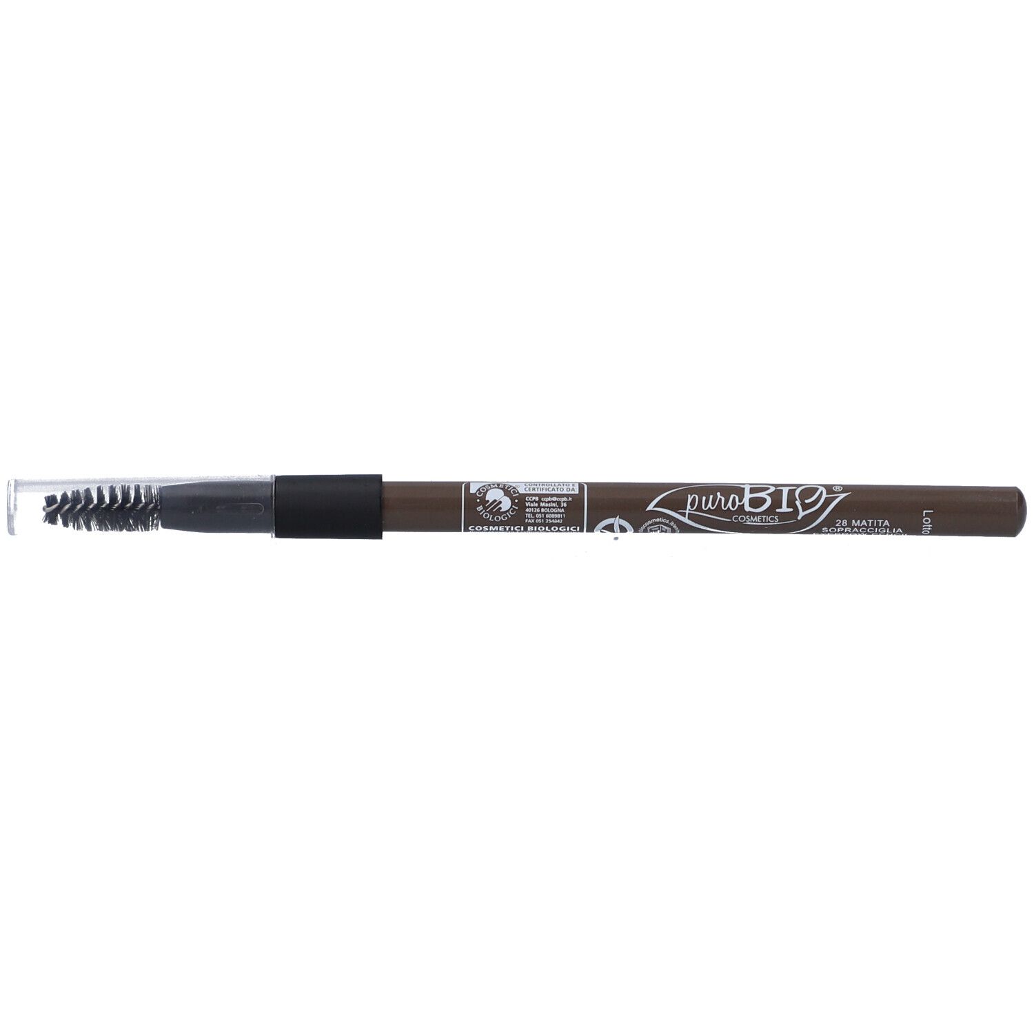 Crayon à sourcils avec brosse et capuchon. Mine brun foncé, brosse noire. Inscription : puroBIO.