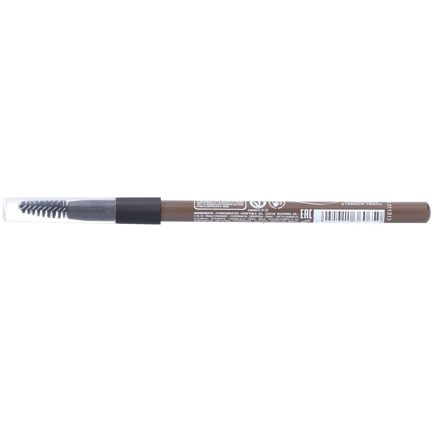 Dos du crayon à sourcils avec brosse et capuchon. Inscription : puroBIO, ECOCERT.