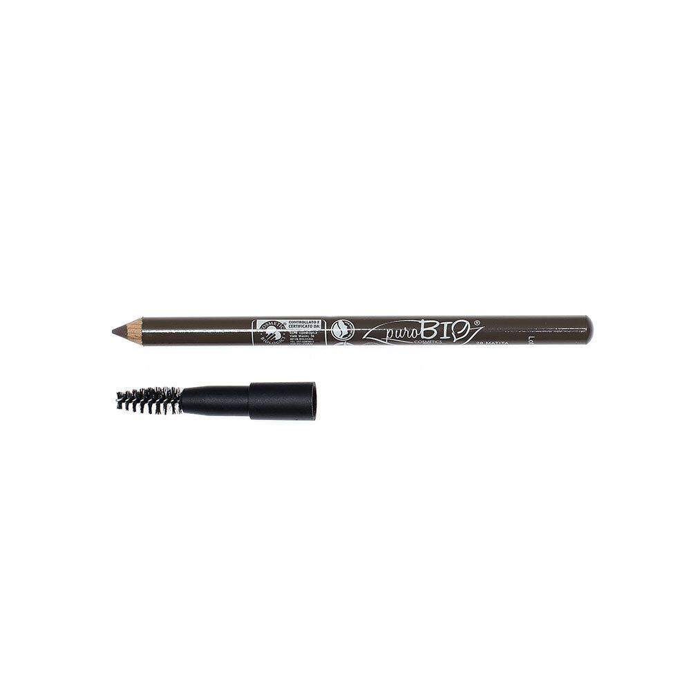 Crayon à sourcils et brosse séparés. Mine brun foncé, brosse noire. Inscription : puroBIO.