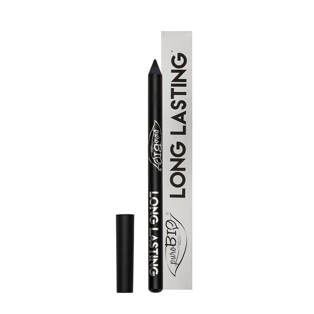 Crayon eyeliner noir et emballage. L'emballage porte la mention "LONG LASTING". Le crayon porte la marque "puroBIO".