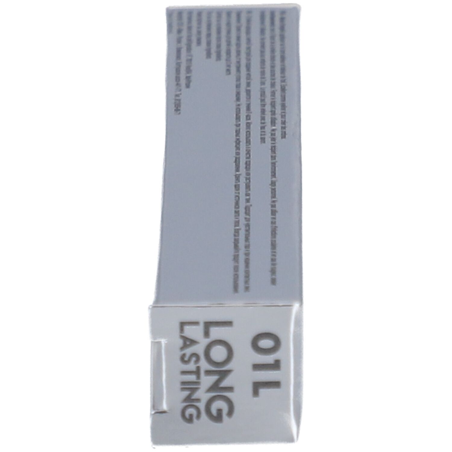 Emballage argenté avec texte. La mention "LONG LASTING" est inscrite sur l'emballage.