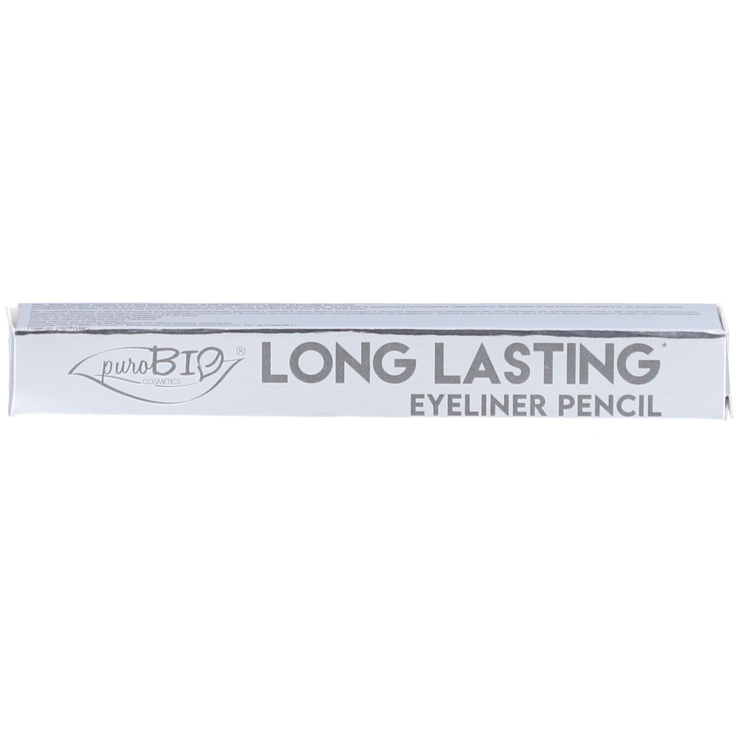 Emballage argenté avec texte. La mention "LONG LASTING EYELINER PENCIL" est inscrite.