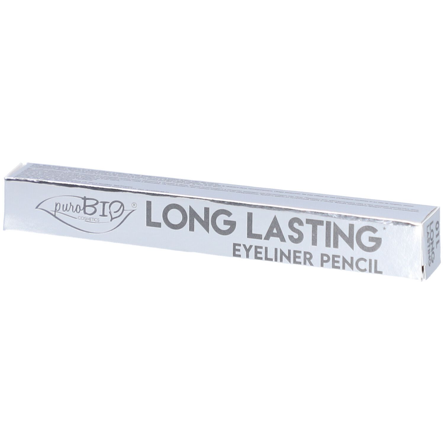 Emballage argenté avec texte. La mention "LONG LASTING EYELINER PENCIL" est inscrite.