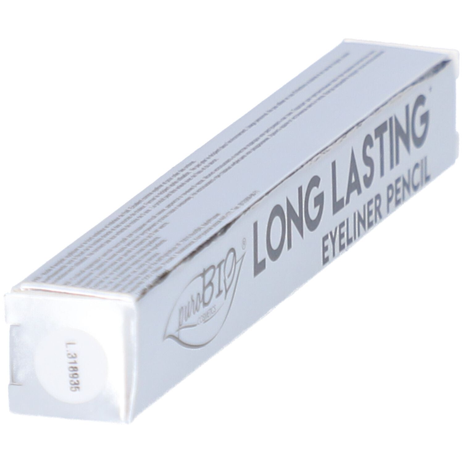 Emballage argenté avec texte. La mention "LONG LASTING EYELINER PENCIL" est inscrite.