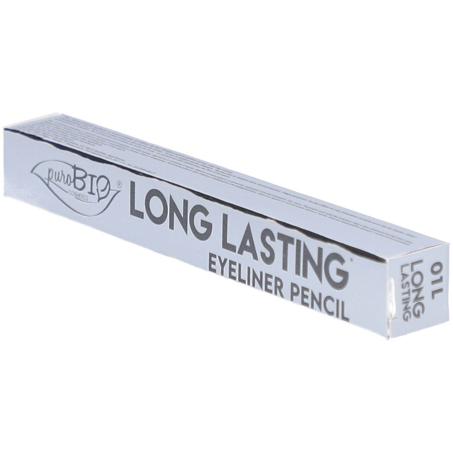 Emballage argenté avec texte. La mention "LONG LASTING EYELINER PENCIL" est inscrite.