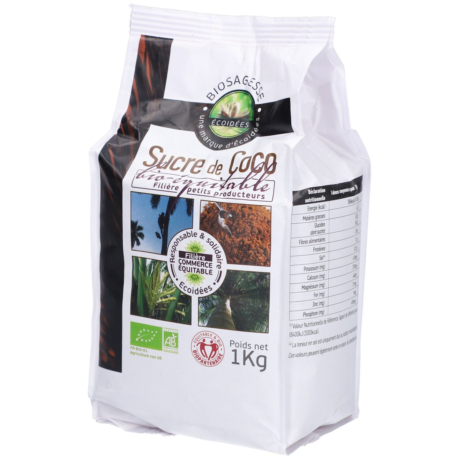 Verpackung mit ECOIDEES SUCRE COCO BIO. Aufschrift: Sucre de Coco bio-équitable. Bio-Siegel und Fair-Trade-Logo.