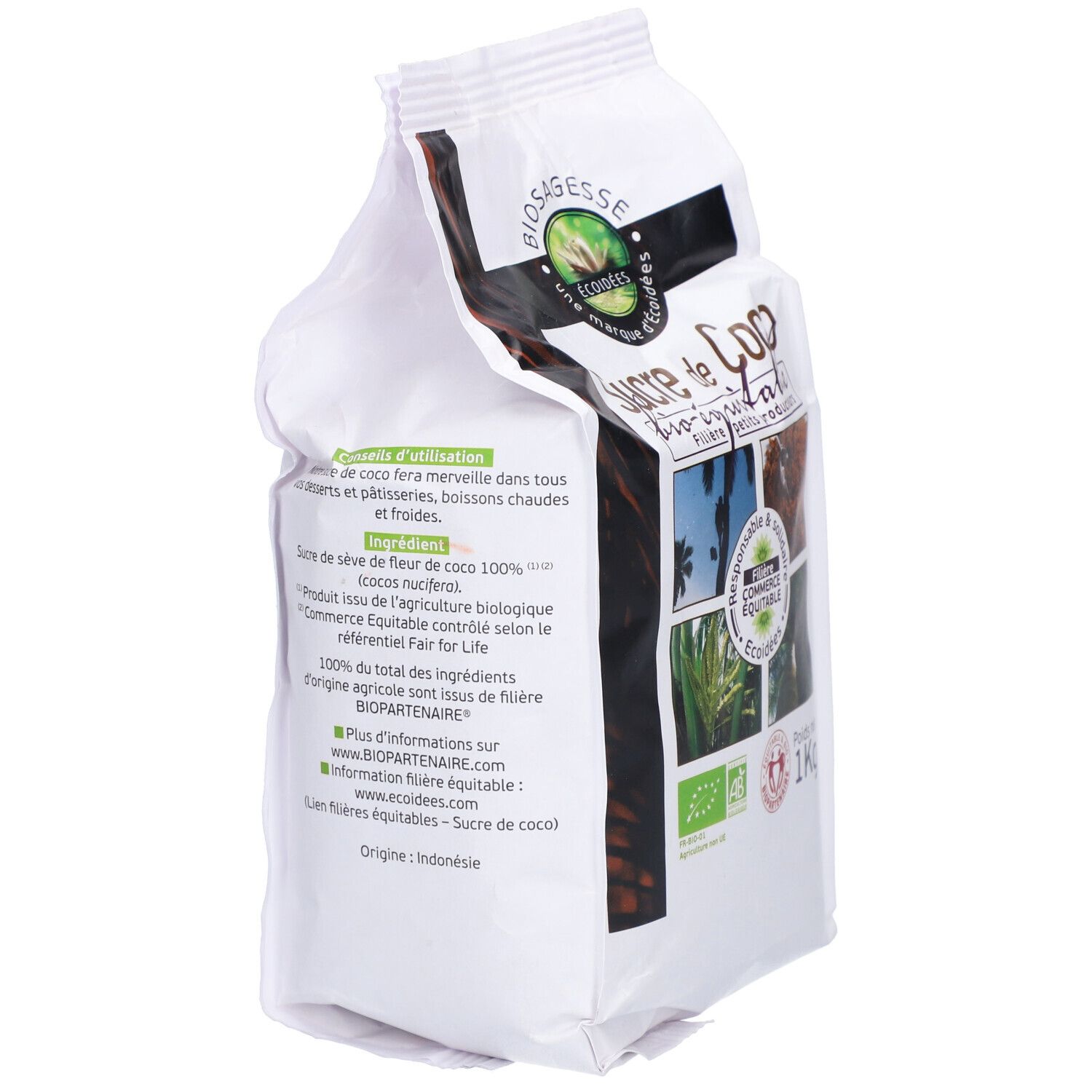 Rückseite der Verpackung von ECOIDEES SUCRE COCO BIO. Text über Zutaten und Herkunft. Fair-Trade-Logo.