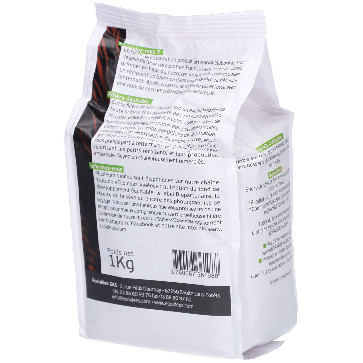 Rückseite der Verpackung von ECOIDEES SUCRE COCO BIO. Text über Herstellung und Videos. 1 kg Gewicht.