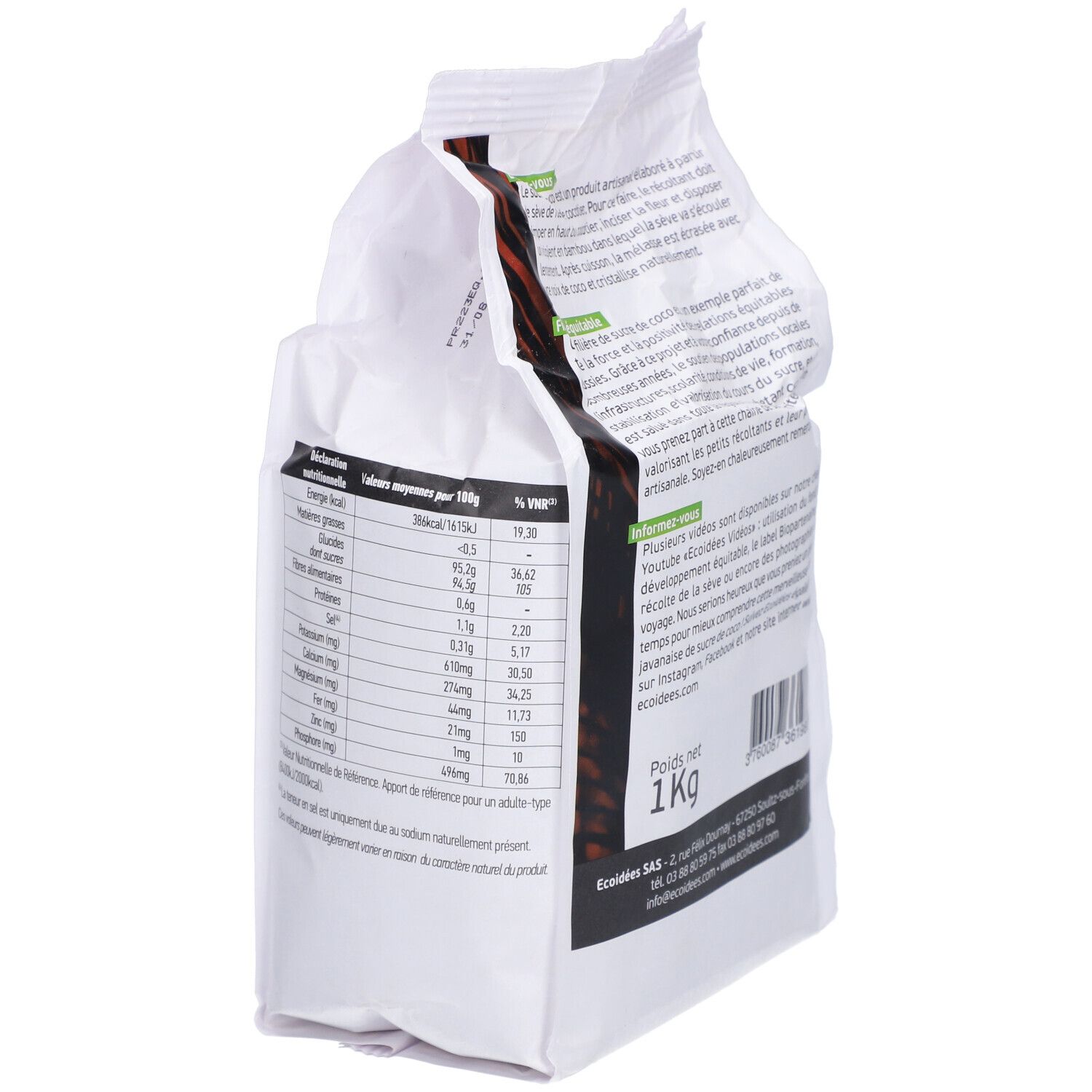 Rückseite der Verpackung von ECOIDEES SUCRE COCO BIO. Nährwerttabelle. 1 kg Gewicht.