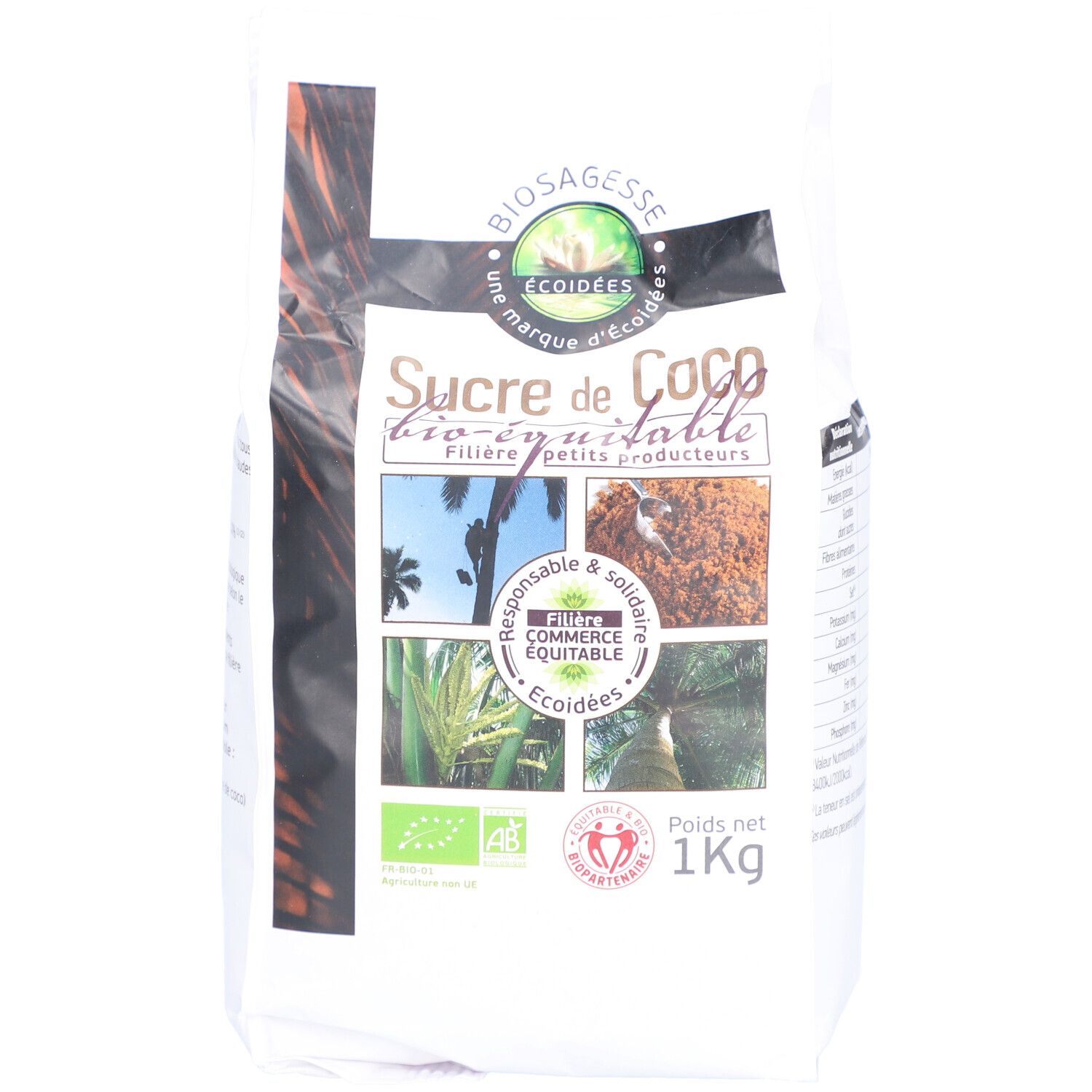 Verpackung von ECOIDEES SUCRE COCO BIO. Aufschrift: Sucre de Coco bio-équitable. Bio-Siegel und Fair-Trade-Logo. 1 kg.