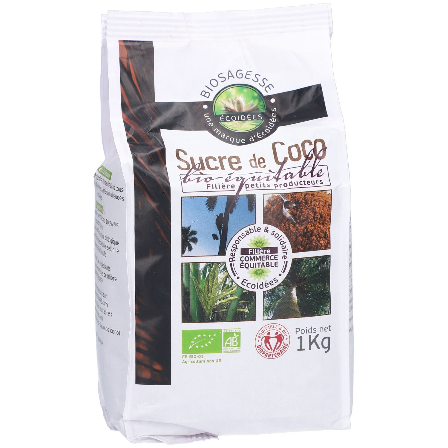 Verpackung von ECOIDEES SUCRE COCO BIO. Aufschrift: Sucre de Coco bio-équitable. Bio-Siegel und Fair-Trade-Logo. 1 kg.