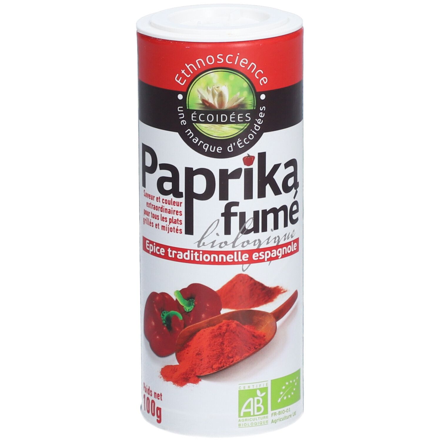 Boîte cylindrique de Paprika fumé biologique. Inscription: Paprika fumé biologique, Ethnoscience, label AB. Illustration de paprika.