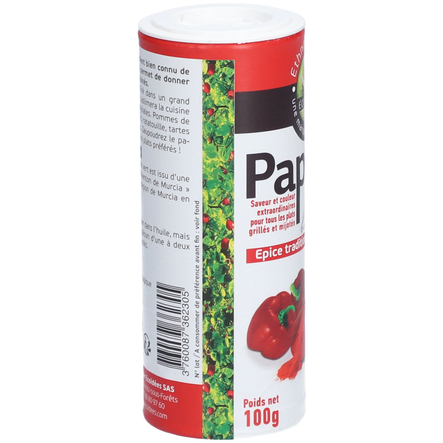 Boîte cylindrique de Paprika fumé. Inscription: Paprika fumé biologique, Ethnoscience, label AB. Verso avec texte et code-barres.