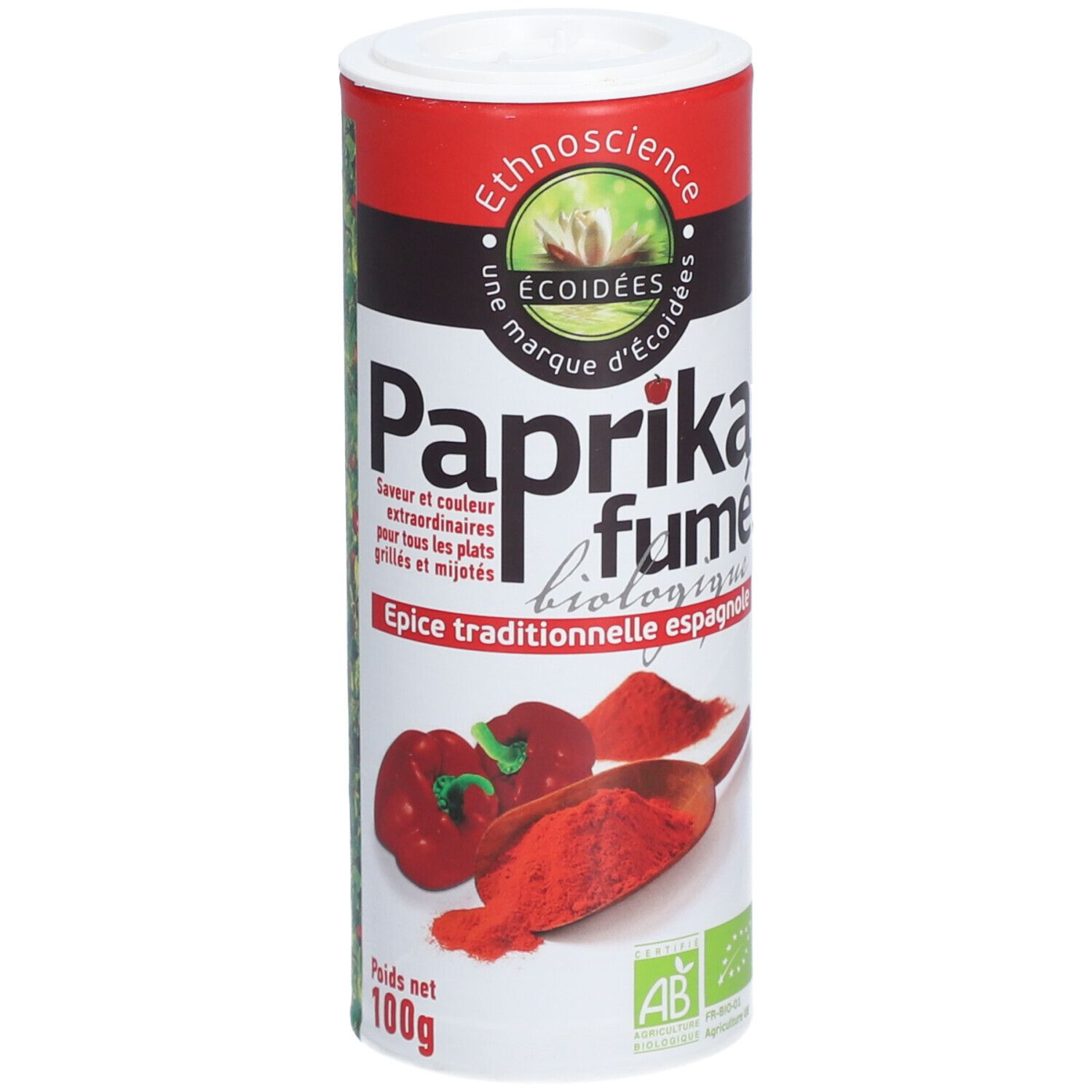 Boîte cylindrique de Paprika fumé biologique. Inscription: Paprika fumé biologique, Ethnoscience, label AB. Illustration de paprika.