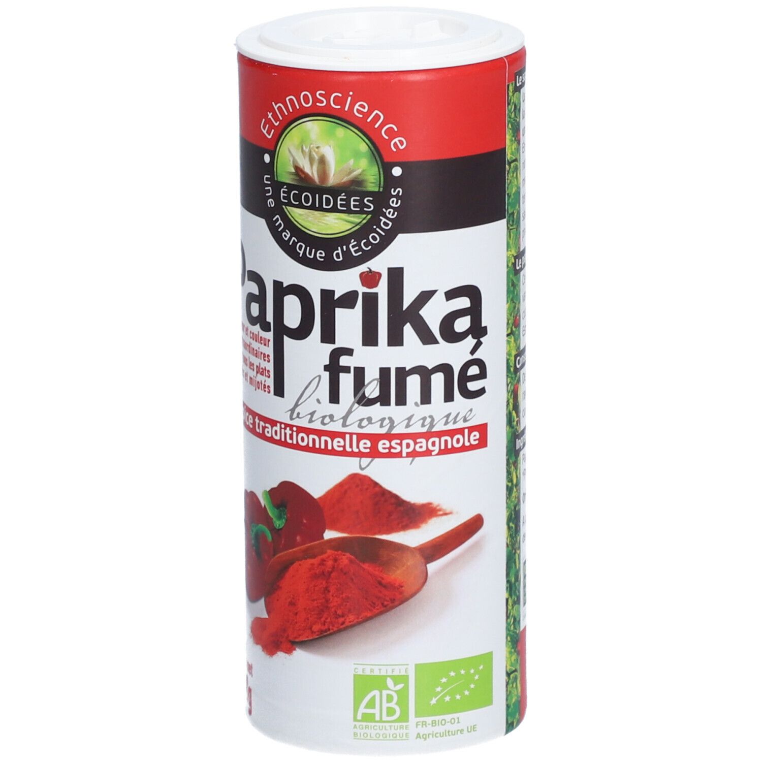 Boîte cylindrique de Paprika fumé biologique. Inscription: Paprika fumé biologique, Ethnoscience, label AB. Illustration de paprika.