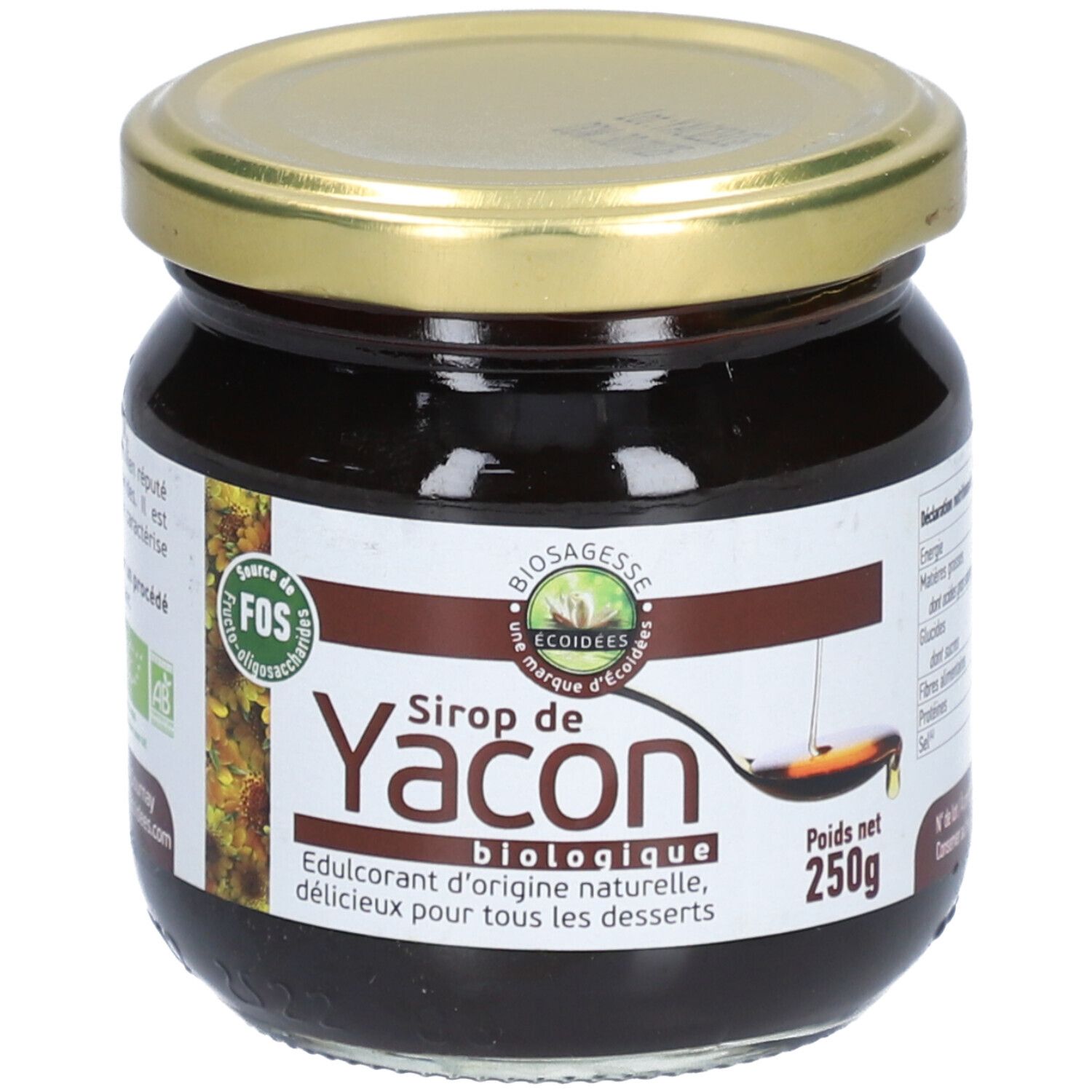 Pot en verre avec sirop brun et couvercle doré. Inscription: Sirop de Yacon biologique, 250g. Label bio.