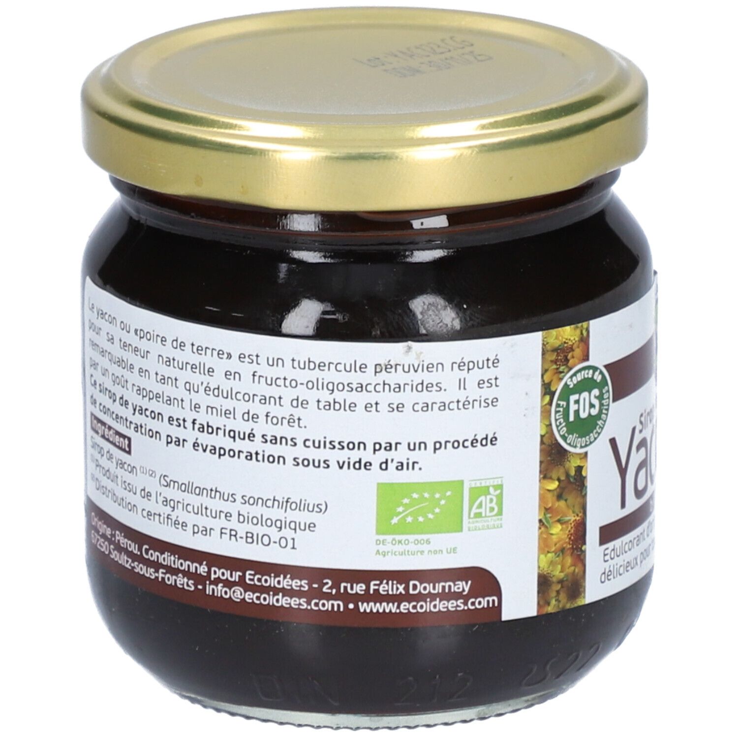 Dos du pot. Texte: informations sur le sirop de Yacon. Label bio et logo bio UE. Adresse du fabricant.