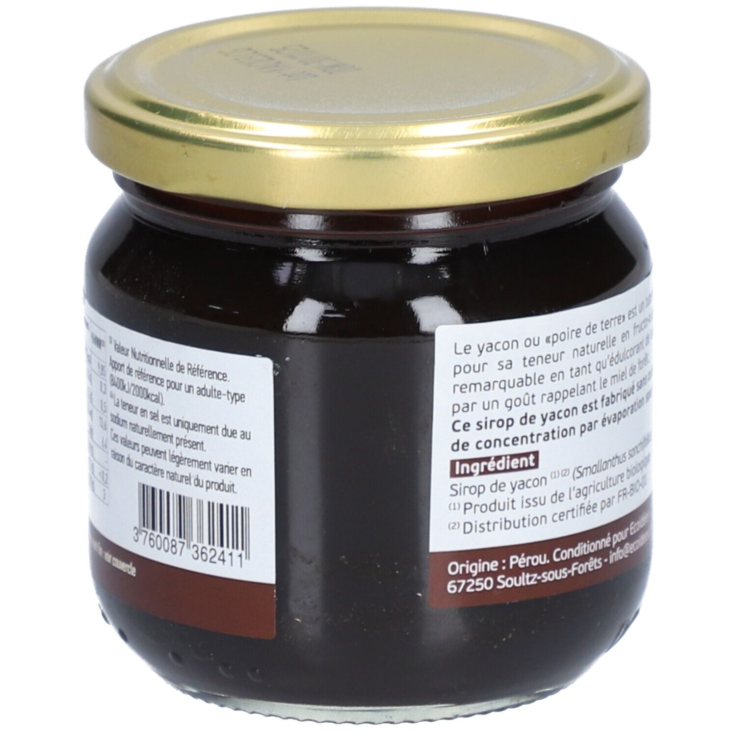 Dos du pot. Texte: informations nutritionnelles, ingrédients. Origine: Pérou. Numéro de lot et date limite.