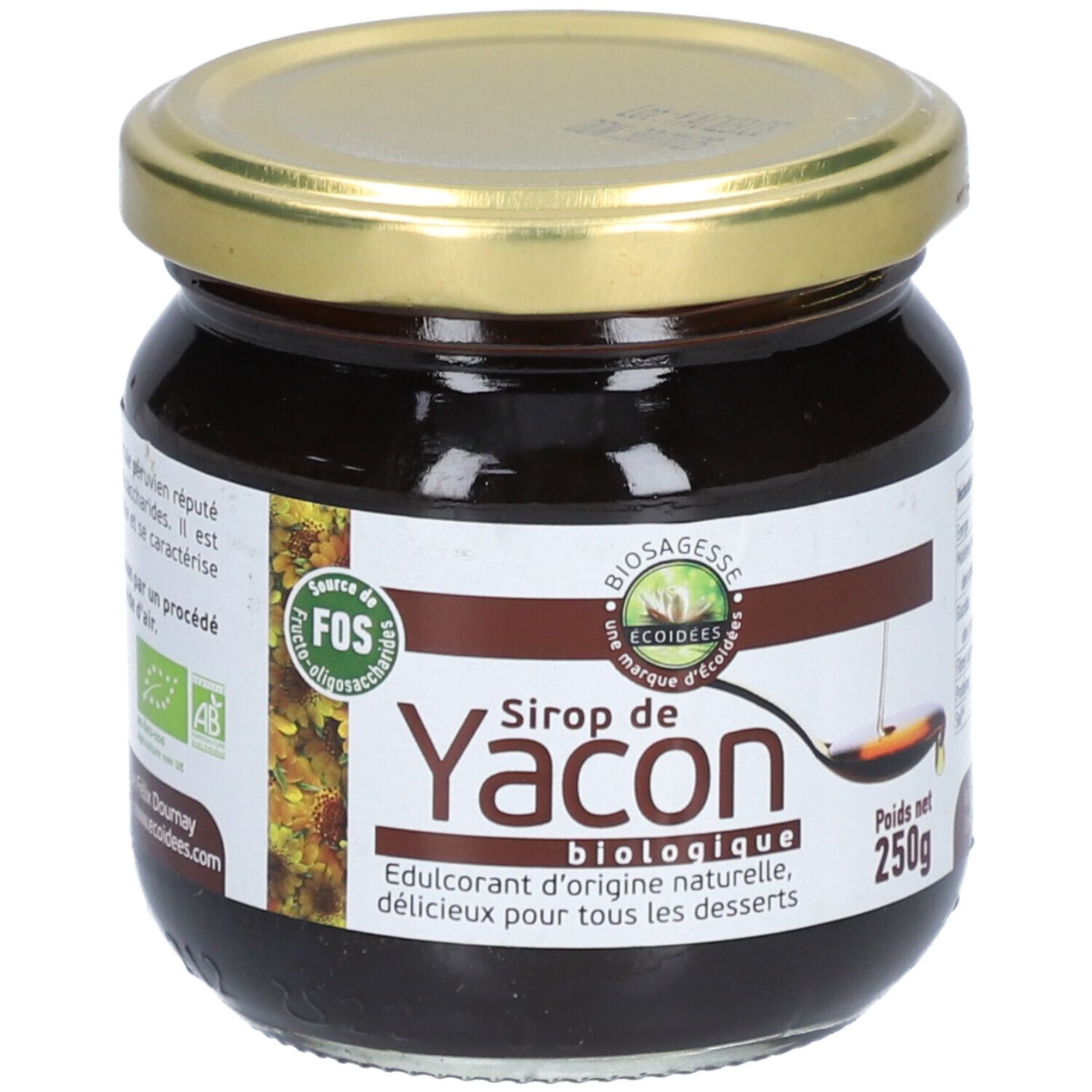 Pot en verre avec sirop brun et couvercle doré. Inscription: Sirop de Yacon biologique, 250g. Label bio.
