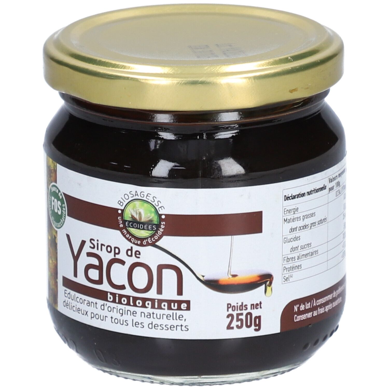 Pot en verre avec sirop brun et couvercle doré. Inscription: Sirop de Yacon biologique, 250g. Informations nutritionnelles.