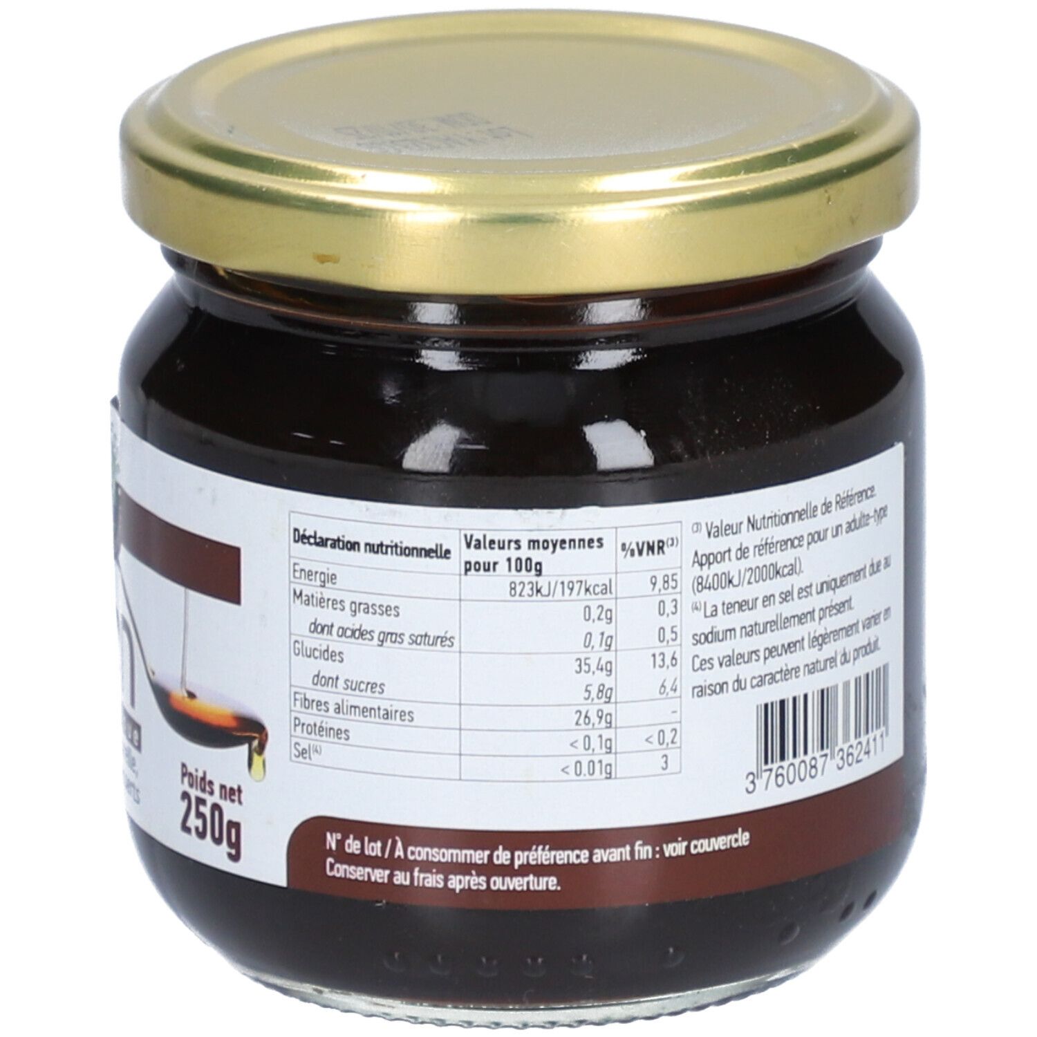 Dos du pot. Informations nutritionnelles, ingrédients. Numéro de lot et date limite. 250g.