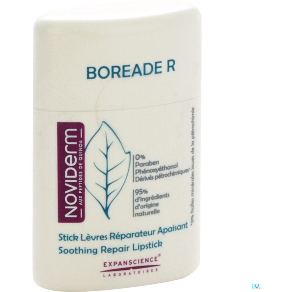 Stick lèvres blanc "BOREADE R" et "Noviderm". Contient 95% d'ingrédients naturels. Texte: "Stick lèvres réparateur apaisant".