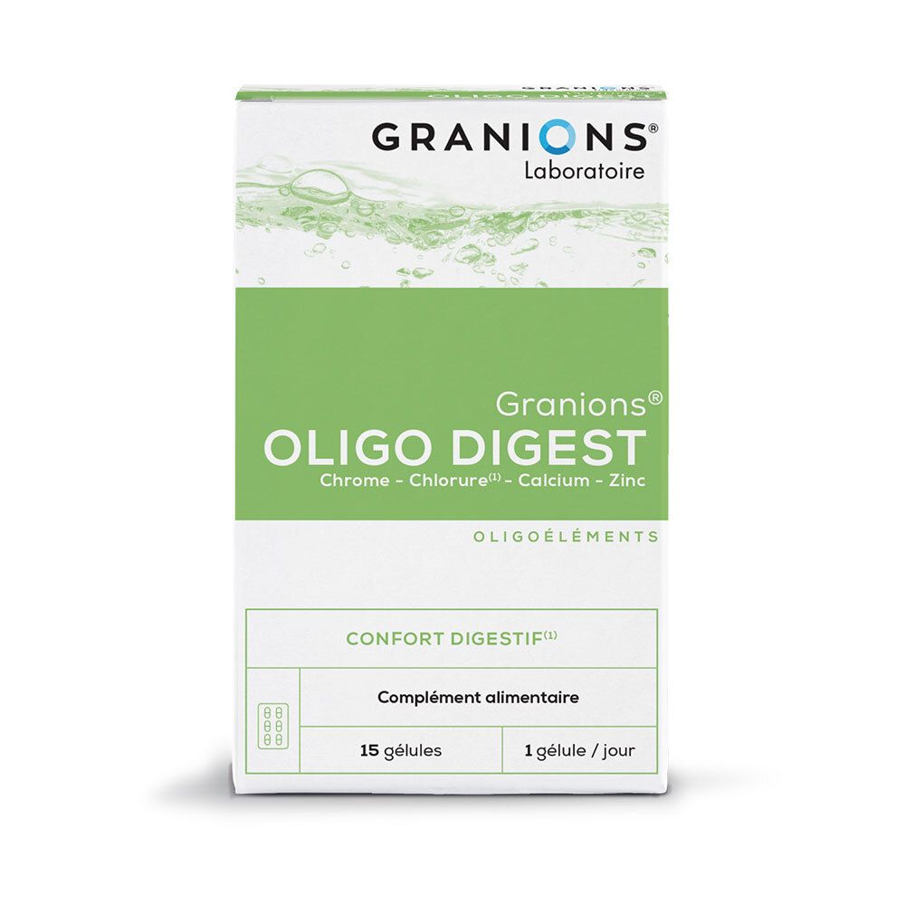 Boîte de GRANIONS® Oligo Digest. Contient 15 gélules. Contient chrome, chlorure, calcium et zinc. Pour le confort digestif.