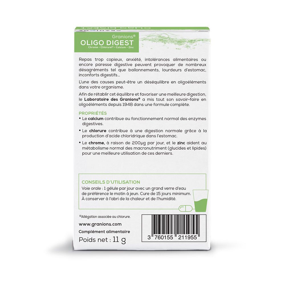 Dos de la boîte GRANIONS® Oligo Digest. Contient des informations sur les ingrédients, l'utilisation et les avertissements. Poids net : 11 g.