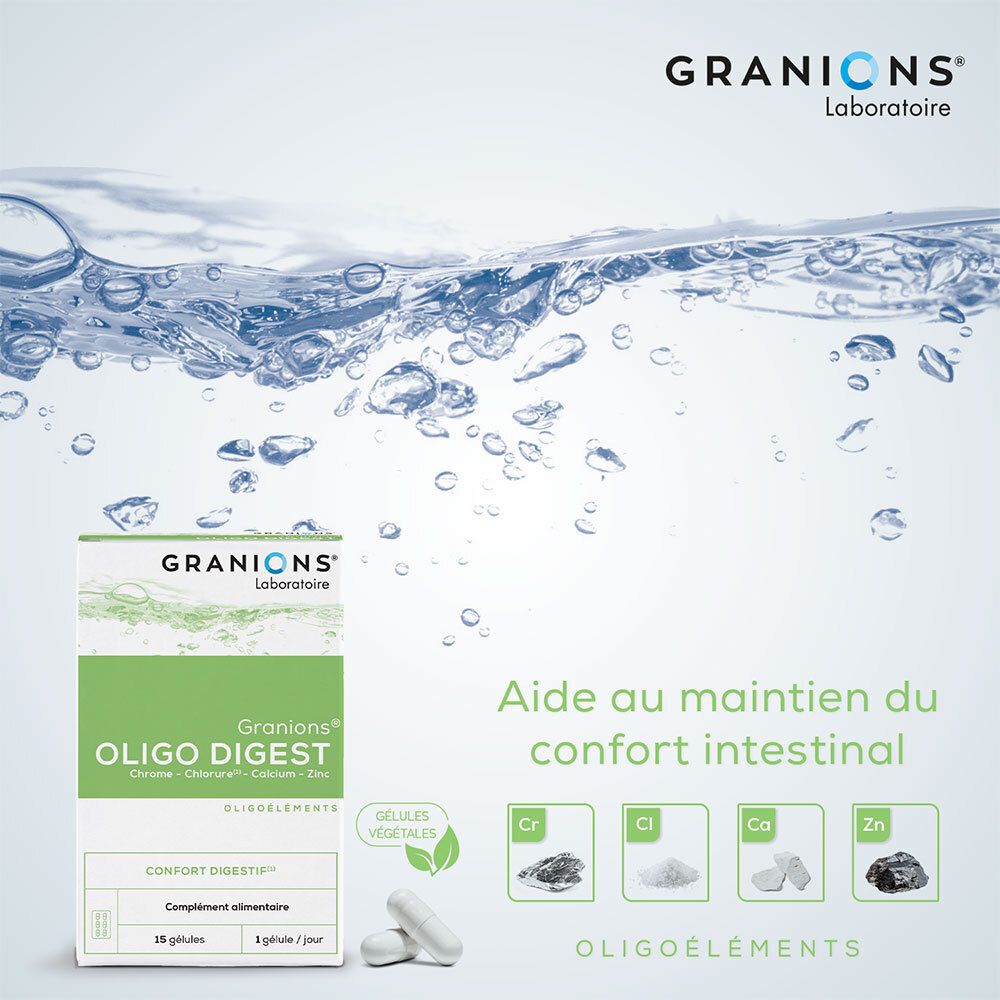 Visuel publicitaire avec GRANIONS® Oligo Digest. Boîte et gélules devant un fond d'eau. Texte : Aide au maintien du confort intestinal. Oligo-éléments.