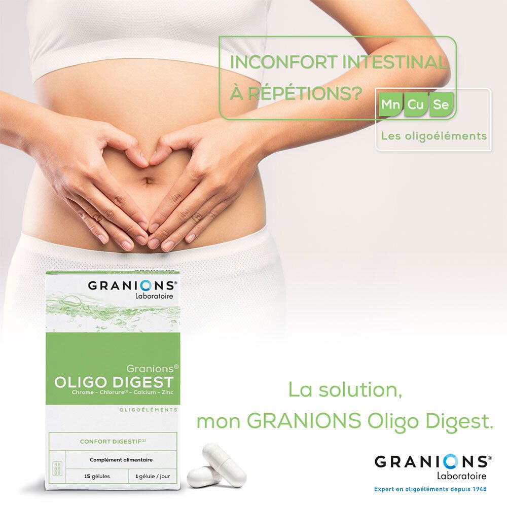 Visuel publicitaire avec une femme se tenant le ventre. GRANIONS® Oligo Digest et gélules. Texte : La solution, mon GRANIONS Oligo Digest.