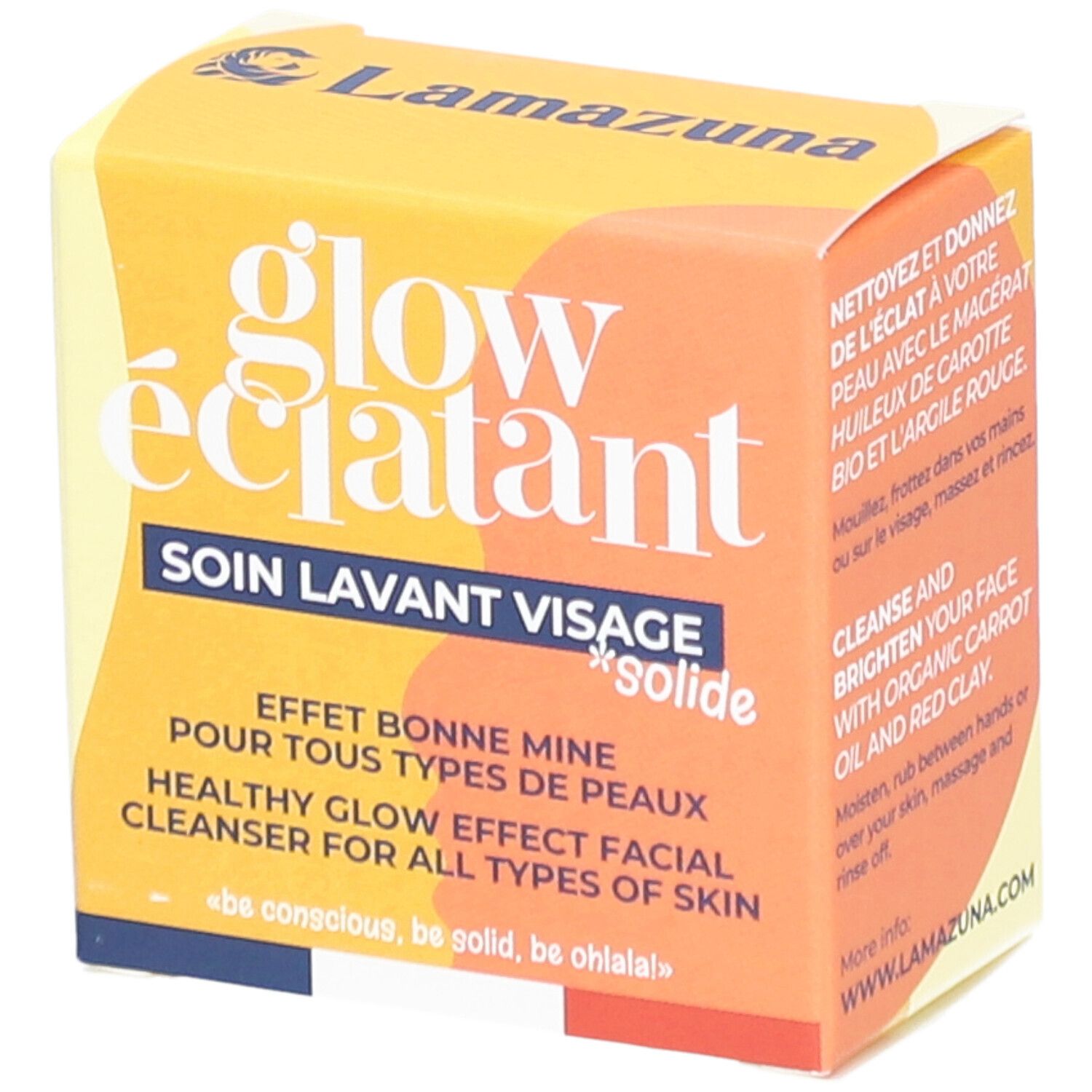 Boîte jaune avec "glow éclatant" et "Soin Lavant Visage Solide". Texte: "Effet bonne mine".