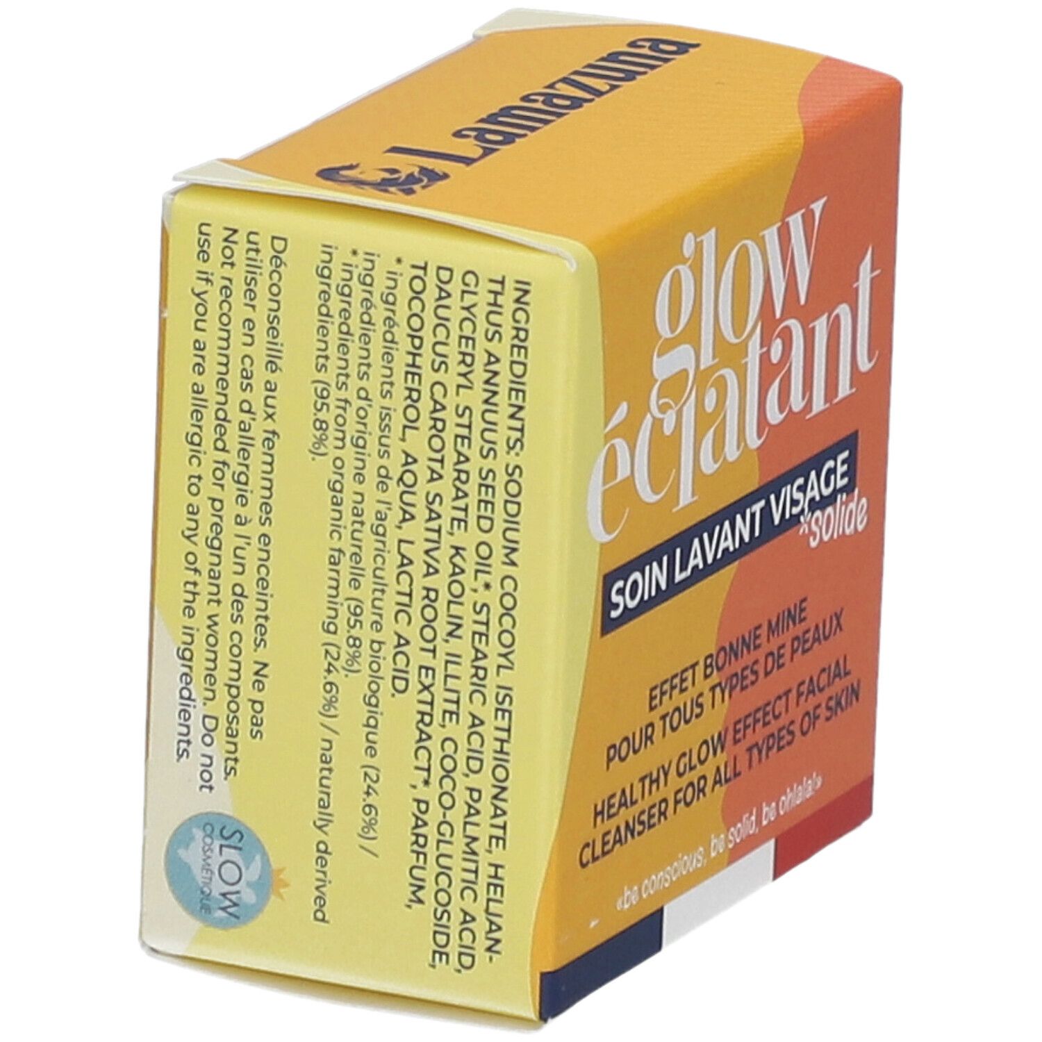 Boîte jaune avec "glow éclatant" et "Soin Lavant Visage Solide". Liste des ingrédients et avertissements.