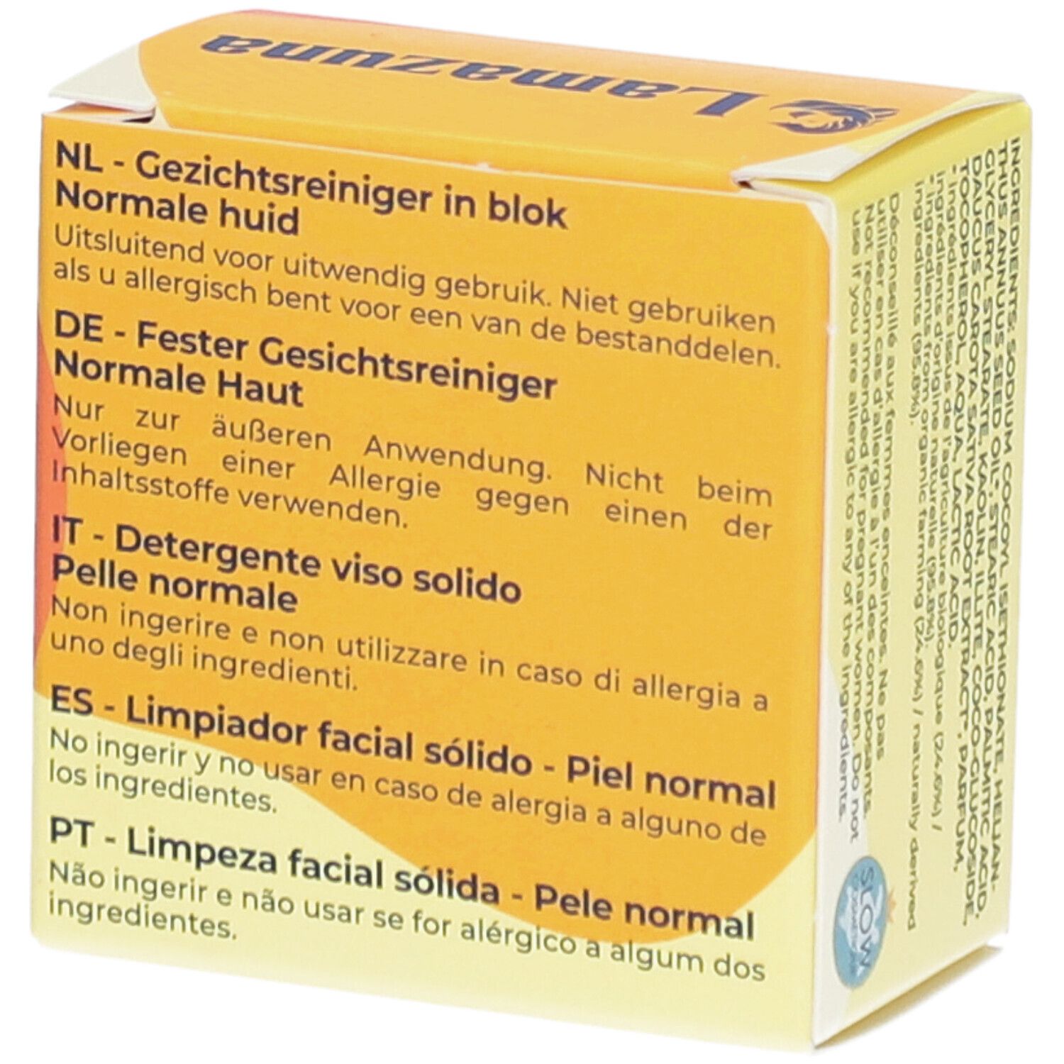 Boîte jaune avec "glow éclatant" et "Soin Lavant Visage Solide". Instructions multilingues: "Nettoyant visage solide".