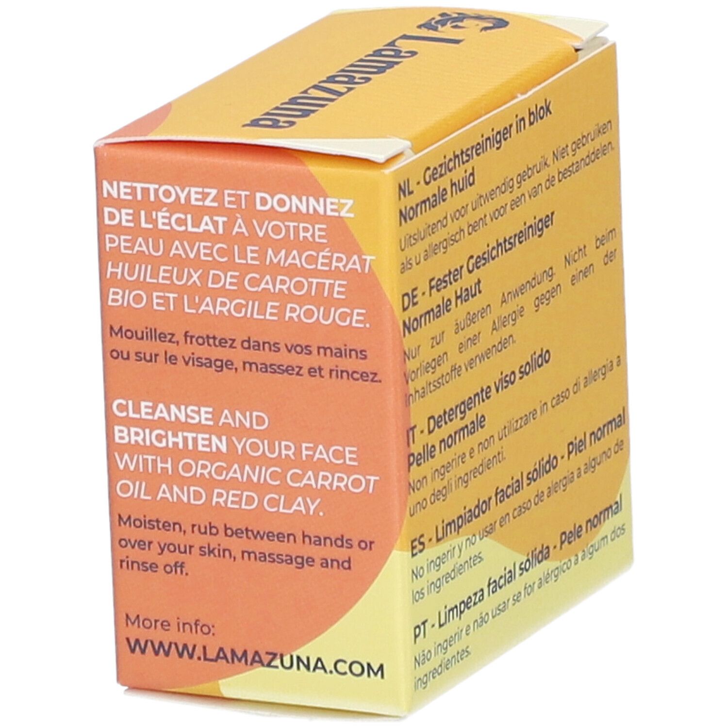 Boîte jaune avec "glow éclatant" et "Soin Lavant Visage Solide". Texte: "Nettoyez et donnez de l'éclat".