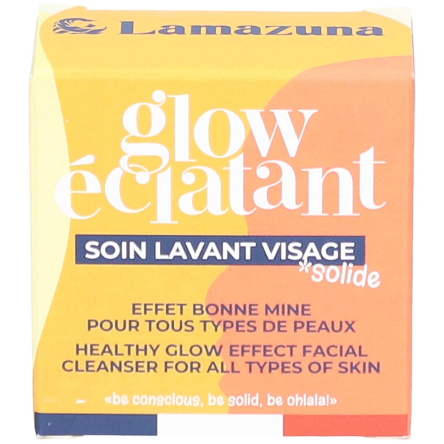 Boîte jaune avec "glow éclatant" et "Soin Lavant Visage Solide". Texte: "Effet bonne mine".