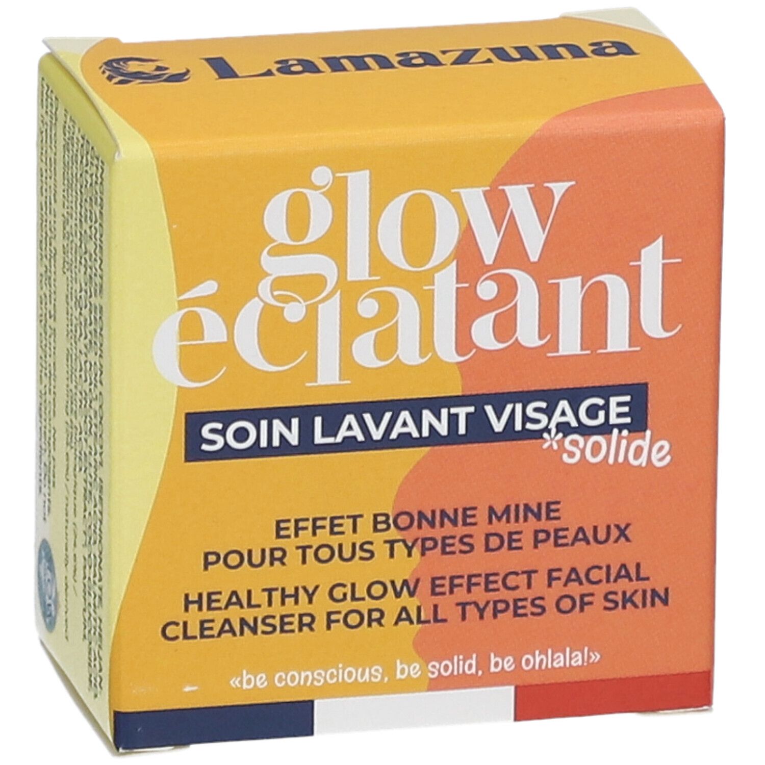 Boîte jaune avec "glow éclatant" et "Soin Lavant Visage Solide". Texte: "Effet bonne mine".