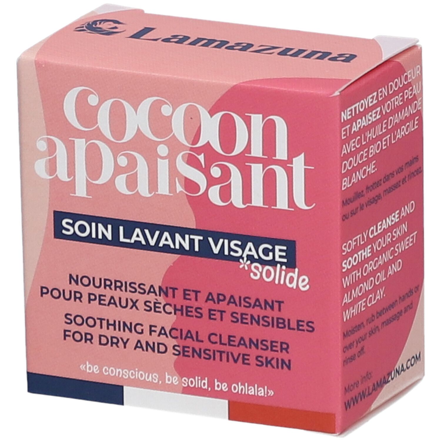 Boîte rose avec nom du produit et texte. Contient "SOIN LAVANT VISAGE *solide" et "SOOTHING FACIAL CLEANSER".