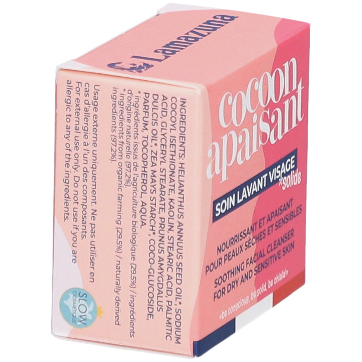 Boîte rose avec ingrédients et texte. Contient "INGREDIENTS: HELIANTHUS ANNUUS SEED OIL" et "SLOW COSMETIQUE".